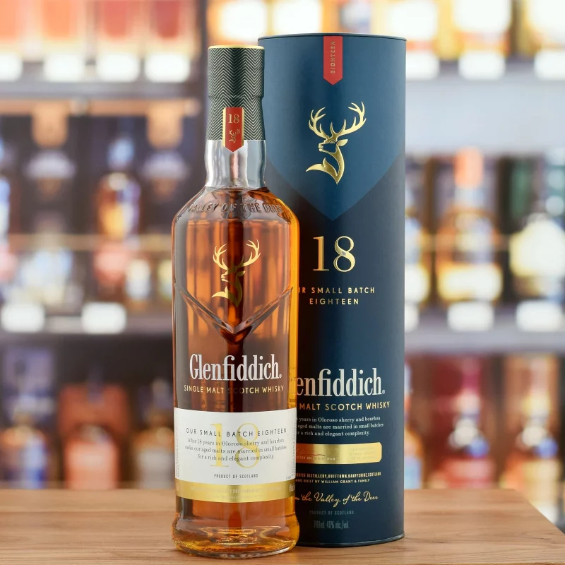 Glenfiddich 18 Years single malt whisky bottle and box displayed on a bar counter in Nepal