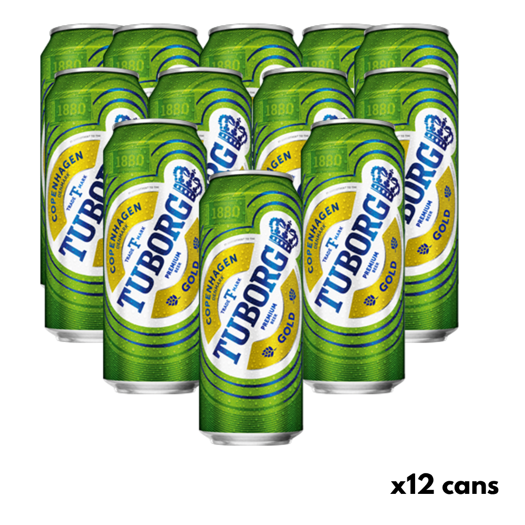 Tuborg Can Tuborg beer 500ml cans pack of 12 neatly arranged on a clean background