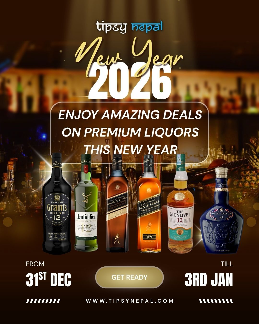 New Year liquor offers in Nepal 2026 featuring premium whiskey brands with exclusive alcohol deals at Tipsy Nepal