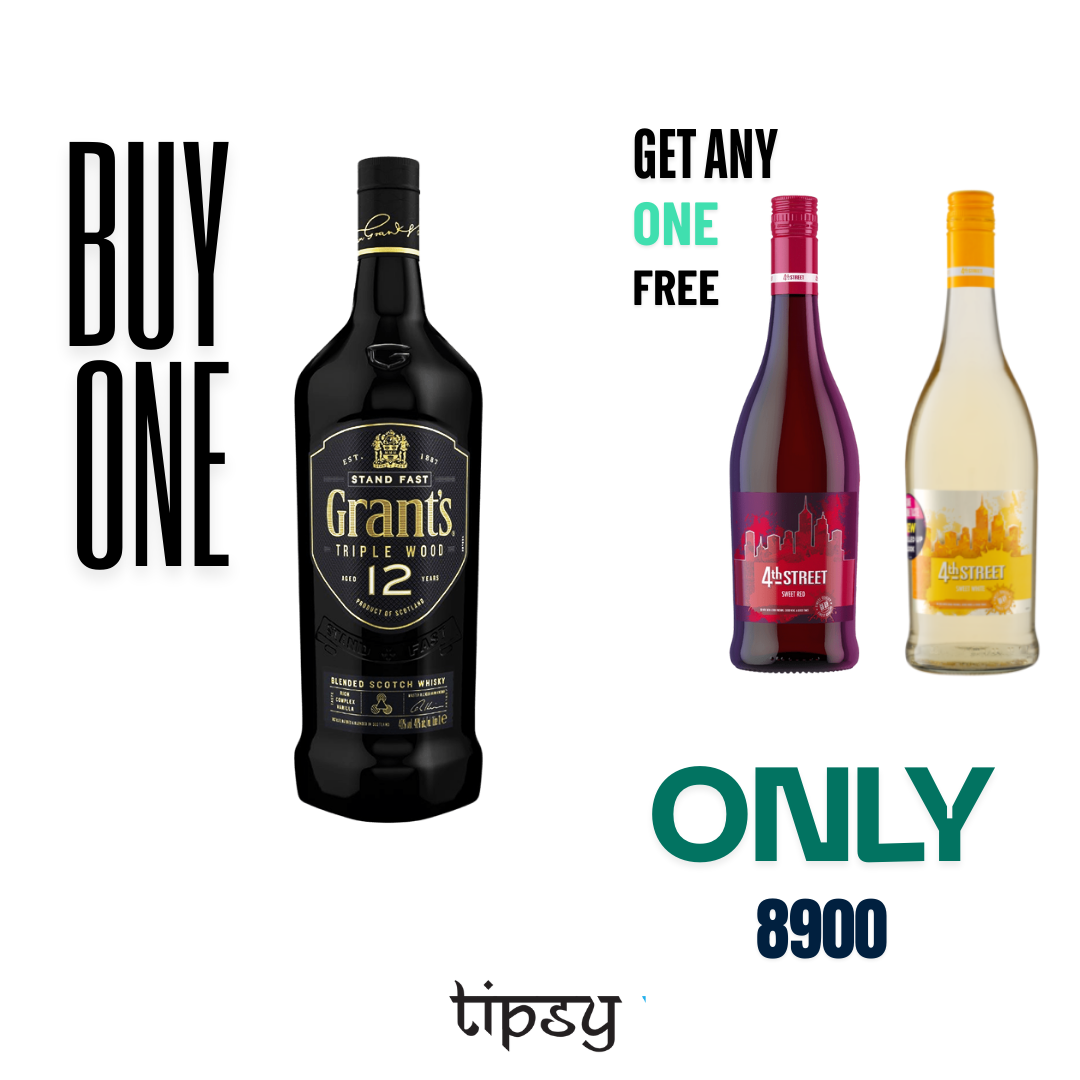 Grant’s Triple Wood 12 Years New Year offer in Nepal showing buy one whisky bottle and get a 4th Street wine free from Tipsy Nepal