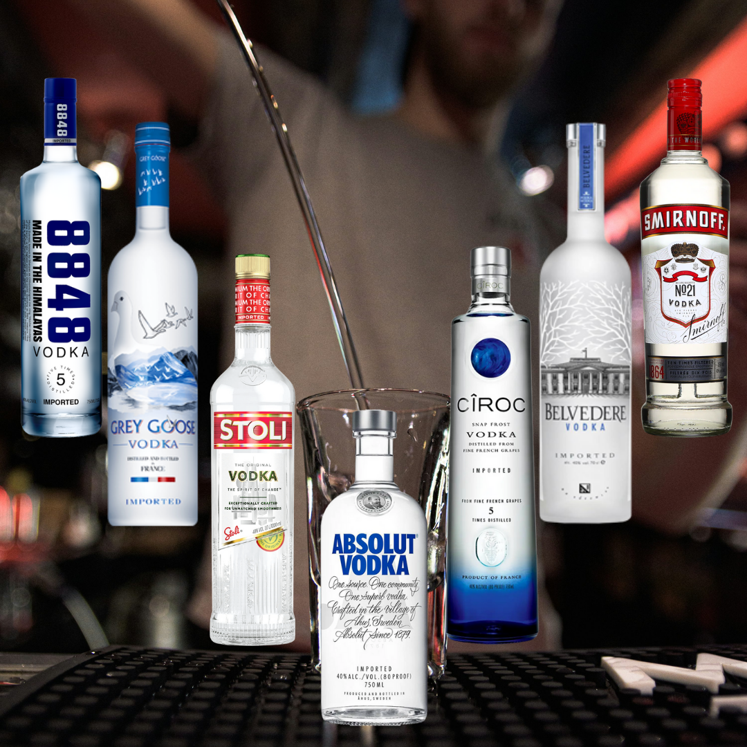 Assorted premium vodka brands in Nepal including Absolut Vodka, Grey Goose, Smirnoff, Ciroc, Belvedere, Stoli, and 8848 vodka displayed at a bar