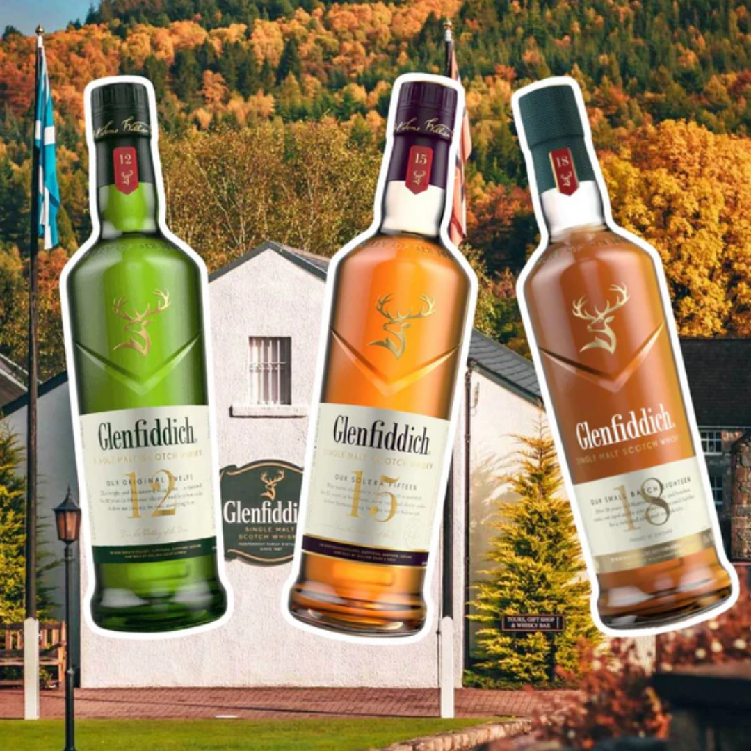Glenfiddich 12, 15 and 18 Years single malt whisky bottles with distillery background in Scotland