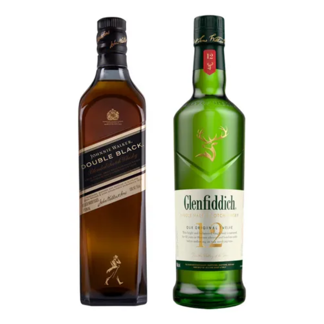 Side-by-side comparison of Johnnie Walker Double Black and Glenfiddich 12 Year Old whisky bottles, highlighting blended whisky vs single malt whisky choices in Nepal.