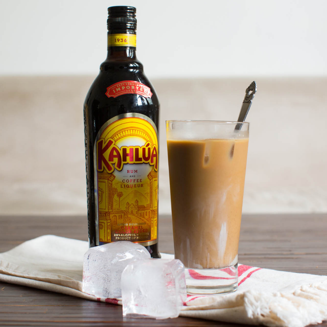 Kahlua coffee liquor bottle with iced coffee drink showing Kahlua price in Nepal available online at Tipsy Nepal