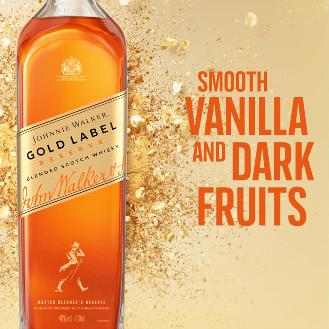 Johnnie Walker Gold Label Reserve blended Scotch whisky bottle with smooth vanilla and dark fruits flavor notes promotional graphic