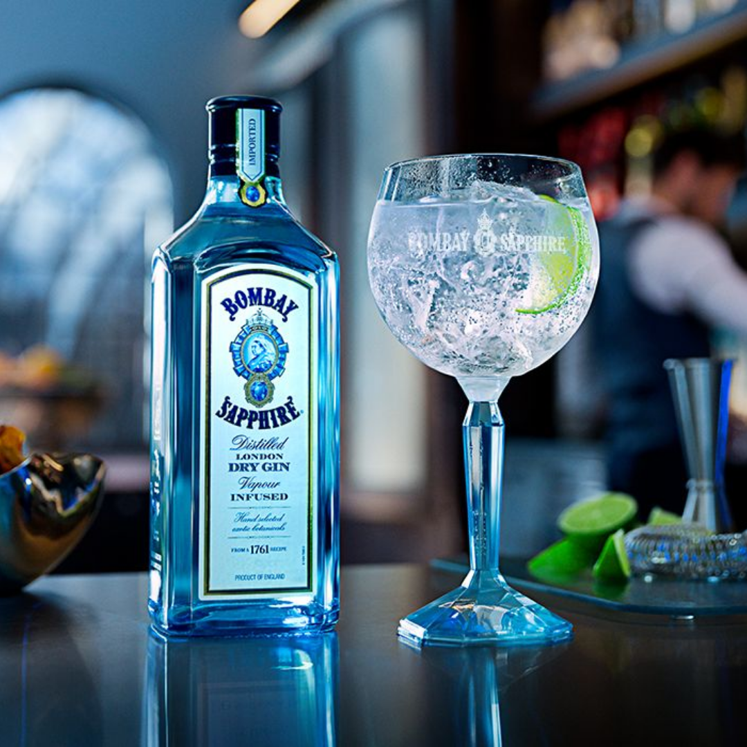 Bombay Sapphire 750ml bottle on a marble bar counter - Tipsy Nepal