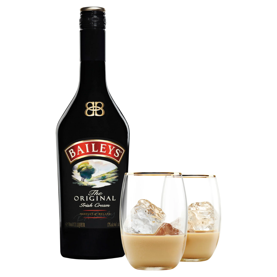 Baileys Irish Cream bottle with two glasses over ice, premium cream liqueur in Nepal