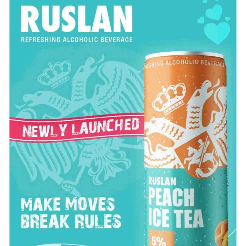 Ruslan Peach Ice Tea newly launched refreshing alcoholic beverage can with "Make Moves Break Rules" branding.