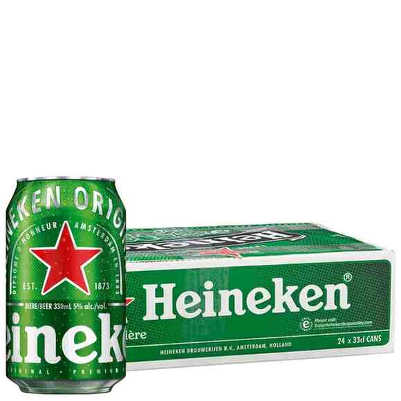 Chilled Heineken Original 330ML lager can alongside a full 24-can case available in Nepal.