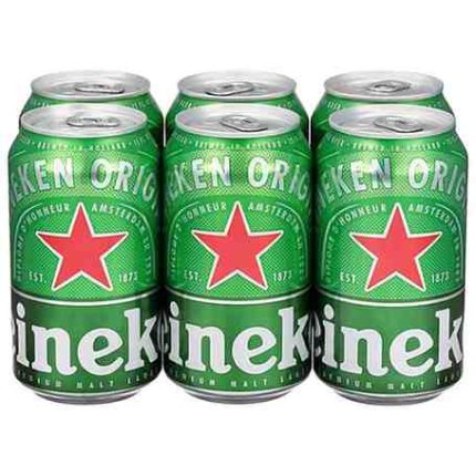 Six-pack of Heineken Original 330ml beer cans featuring the signature green label and red star logo.