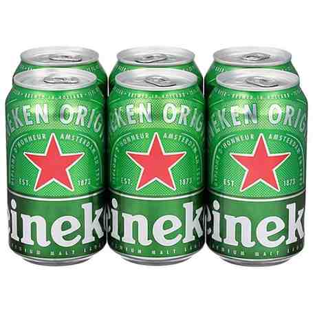 Six-pack of Heineken Original 330ml beer cans featuring the signature green label and red star logo.
