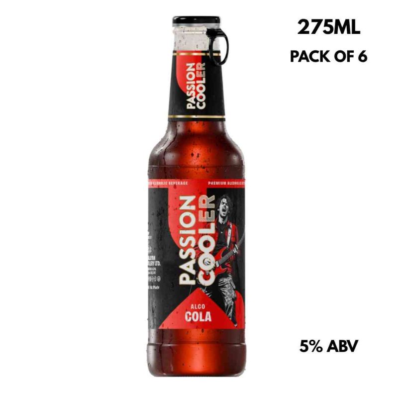 Six-pack of Passion Cooler Cola 275ml bottles, a refreshing seltzer and Breezer alternative available at liquor stores in Nepal.