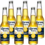 Corona Beer 355ML Pack of 6 bottles arranged together chilled