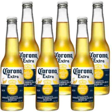 Corona Beer 355ML Pack of 6 bottles arranged together chilled