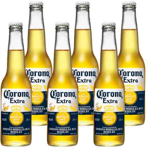 Corona Beer 355ML Pack of 6 bottles arranged together chilled